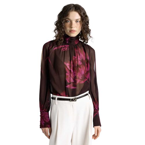 Cue Chocolate Oversized Floral Georgette Cold Shoulder Top